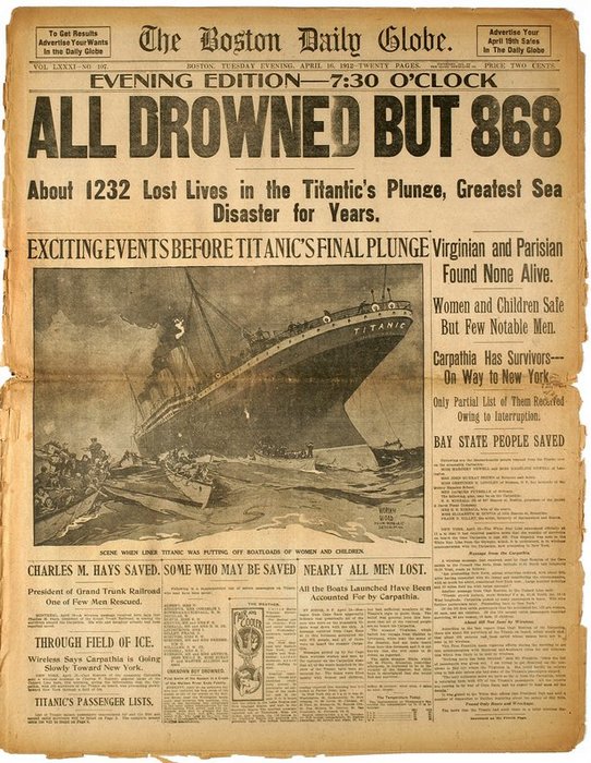 Газетная публикация о гибели Титаника.