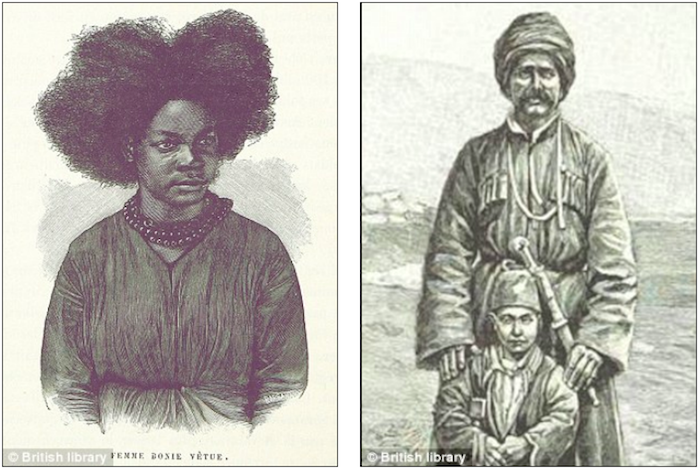 Слева: африканская женщина, справа: отец с сыном в Палестине