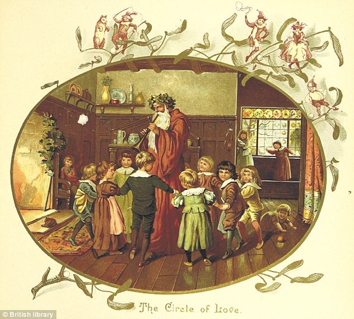 Иллюстрация из книги, опубликованной в 1894 году в Лондоне, изображает детей, водящих хоровод вокруг Деда Мороза