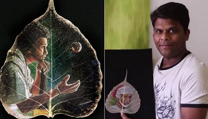 Индийский мастер создает рисунки на листьях.