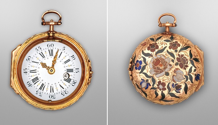 Карманные часы с золотым корпусом, инкрустированным камнями, 1770 год. | Фото: fiveminutehistory.com.