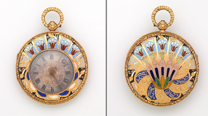 Карманные часы. Золото, эмаль, серебро, 1820 год. | Фото: fiveminutehistory.com.