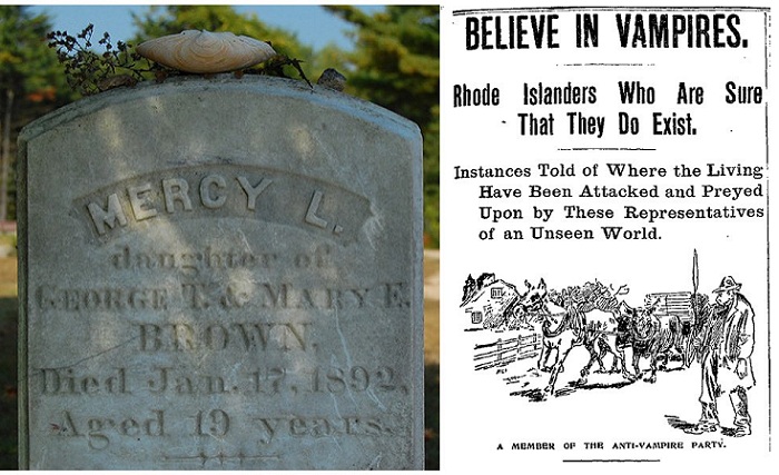 Слева: могила Мерси Браун, справа: листовка, описывающая убеждения жителей Род-Айленда в существовании вампиров. | Фото: thevintagenews.com.