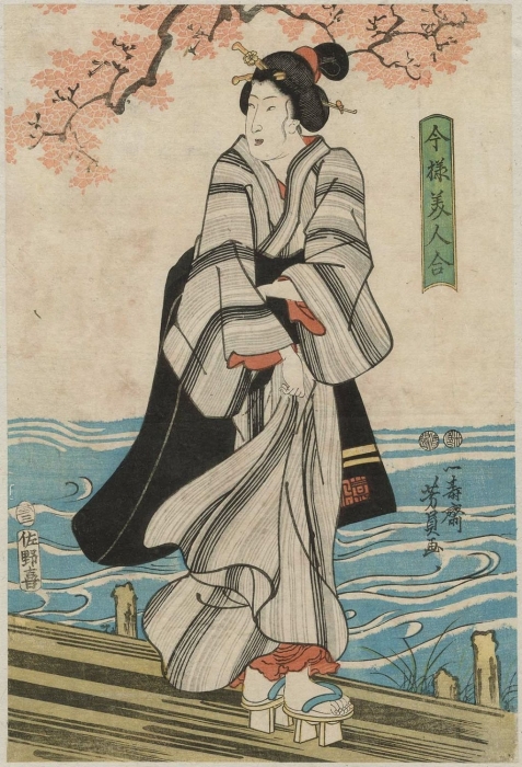 Женщина, стоящая на дощатом мостике (из серии «Сравнение современных красавиц»), 1853 год. Автор: Утагава Ёсикадзу.