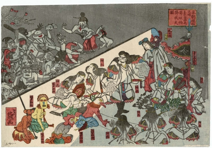 Сцена из пьесы о том, как Сусаноо-но Микото подчиняет монстров, 1851 год. Автор: Кацушика Хокки.