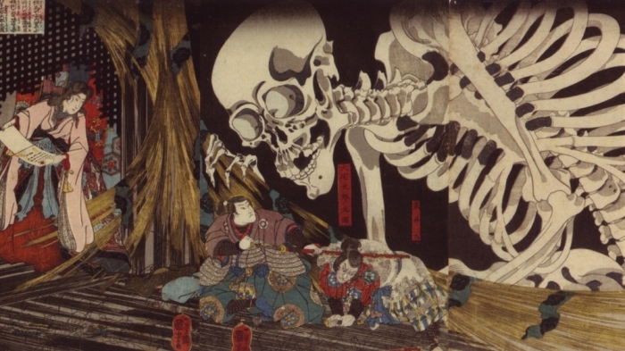Мицукуни (Отакетаро) бросает вызов скелету-призраку в замке Сома, 1845 год. Автор: Утагава Куниёси.