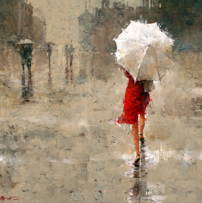 В работе современный художник показал романтическое настроения, красоту, дождь и идущую женщину.