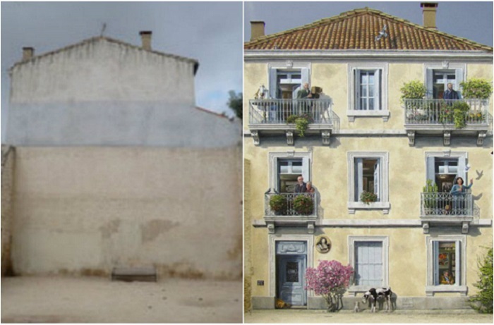Разрисованный фасад дома от художника-муралиста Патрика Коммеси (Patrick Commecy).