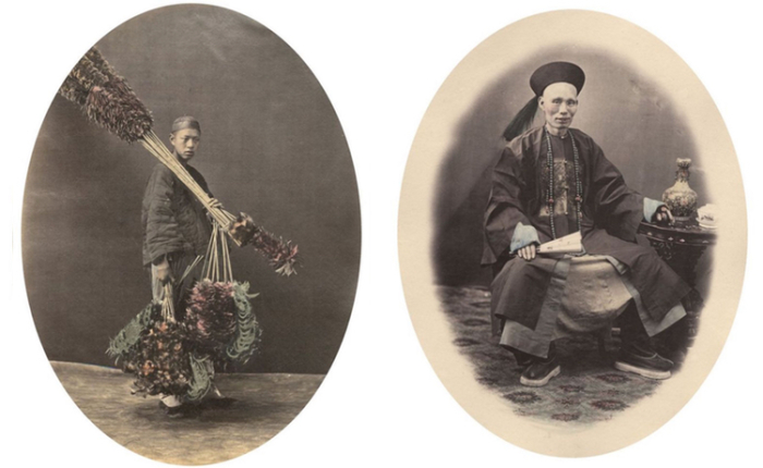 Фотограф снимал людей разных сословий: будь то торговец, который продает веники (слева) или чиновника династии Цин (справа ).