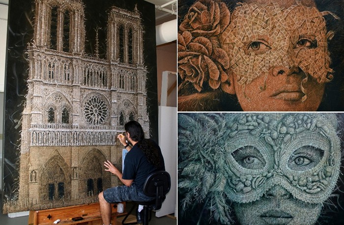 Кубинский художник Алекси Торрес рисует плетеные картины