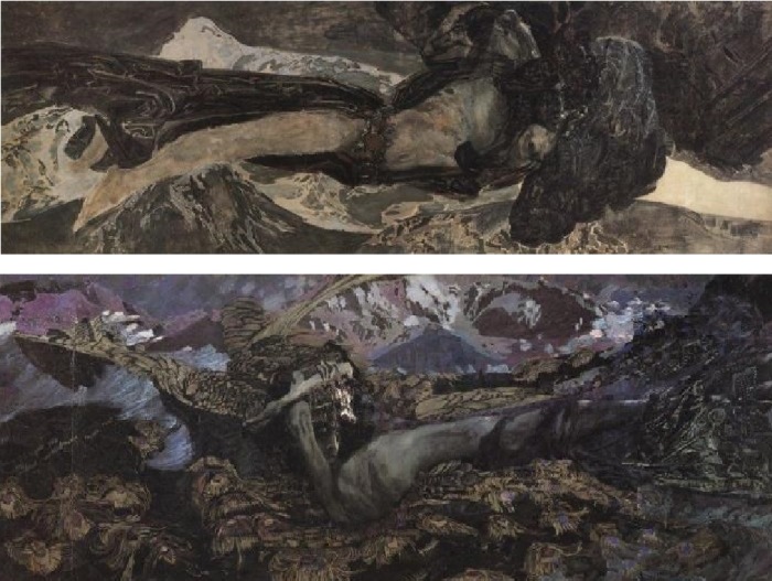 Михаил Врубель. Демон летящий, 1899 г. (вверху) Демон поверженный, 1902 г. (внизу)