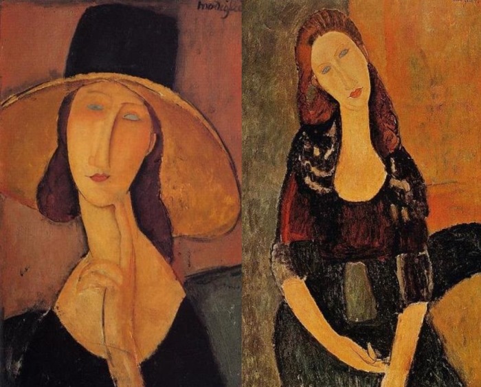Амедео Модильяни. Слева – портрет Жанны Эбютерн в широкополой шляпе, 1918. Справа – портрет сидящей Жанны Эбютерн, 1918
