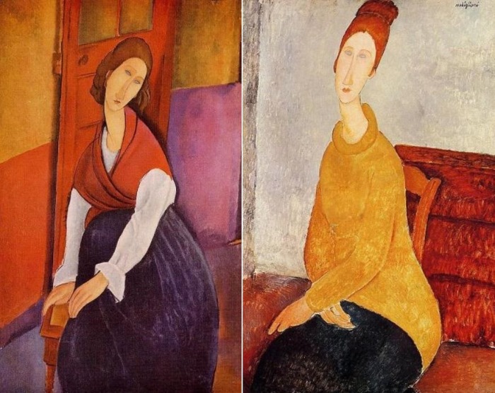 Амедео Модильяни. Слева – портрет Жанны Эбютерн на фоне дверей, 1919. Справа – Портрет Жанны Эбютерн в желтом свитере, 1919