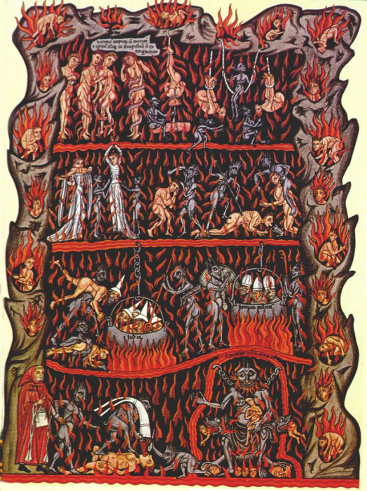 Картина ада в книге «Сад утех» 1180 года. | Фото: en.wikipedia.org.