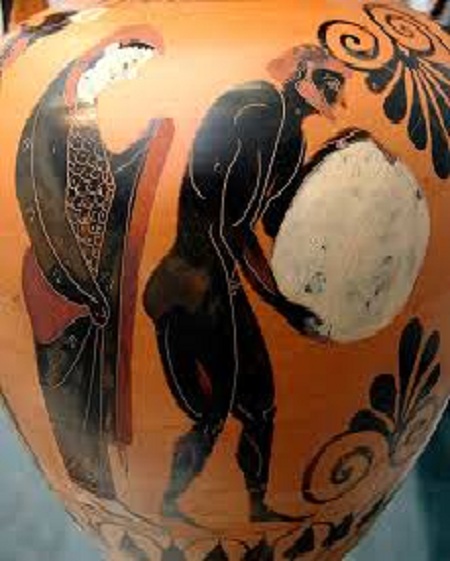Персефона смотрит на Сизифов труд в подземном царстве Аида. Аттическая чернофигурная амфора, ок. 530 до Р. Х.