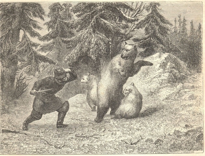 Схватка охотника с медведями.