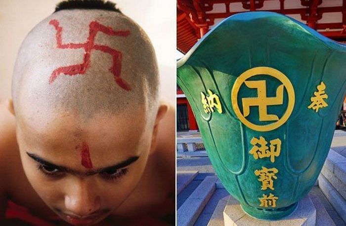 Мальчик-индуист с обритой головой и ваза в буддийском храме в Японии.