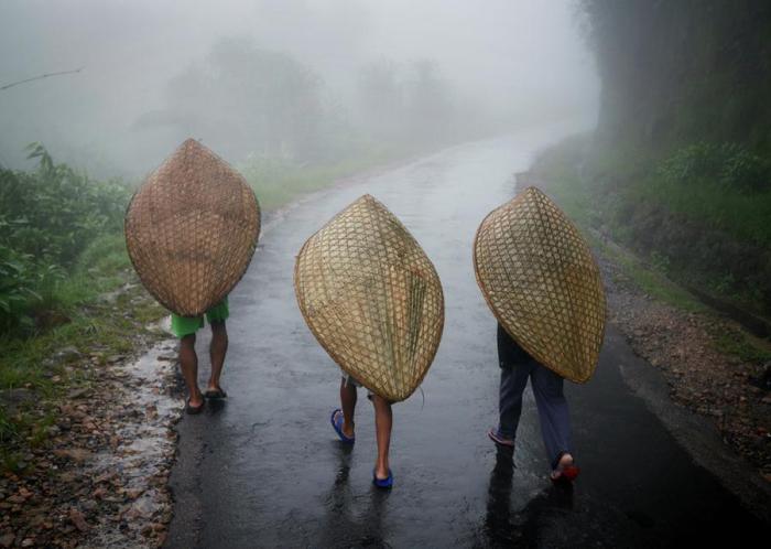 Рабочие идут под традиционными зонтами Ксахи, сделанными из бамбука и банановых листьев. Мегхалая, Индия.