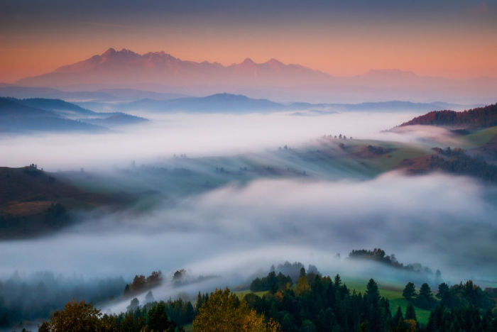 Густа пелена туману вистилає гори і рівнини Словаччини.