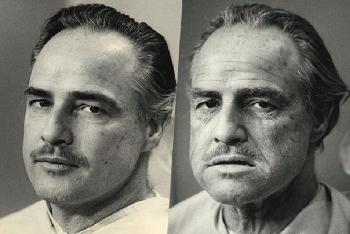 Марлон Брандо до и после грима на съемках фильма Крестный отец.